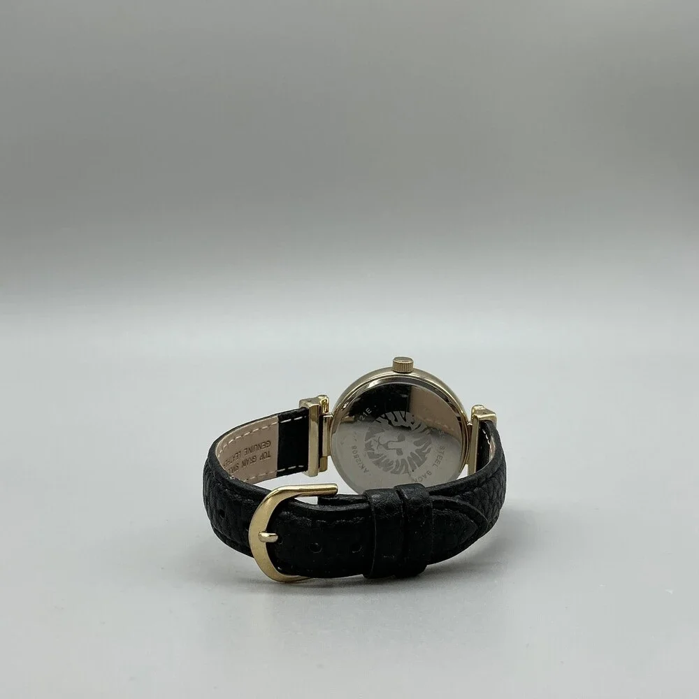 Anne Klein AK/2508 Womens Watch 36mm Gold Tone Black Leather Strap New Battery